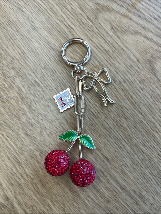 Accessories - Red Crystal Cherry Keychain Charm with Green Leaves